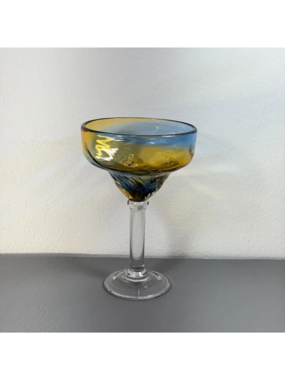 Vintage Pier 1 Hand Blown Blue Amber Swirl Ombre Margarita Glass Barware